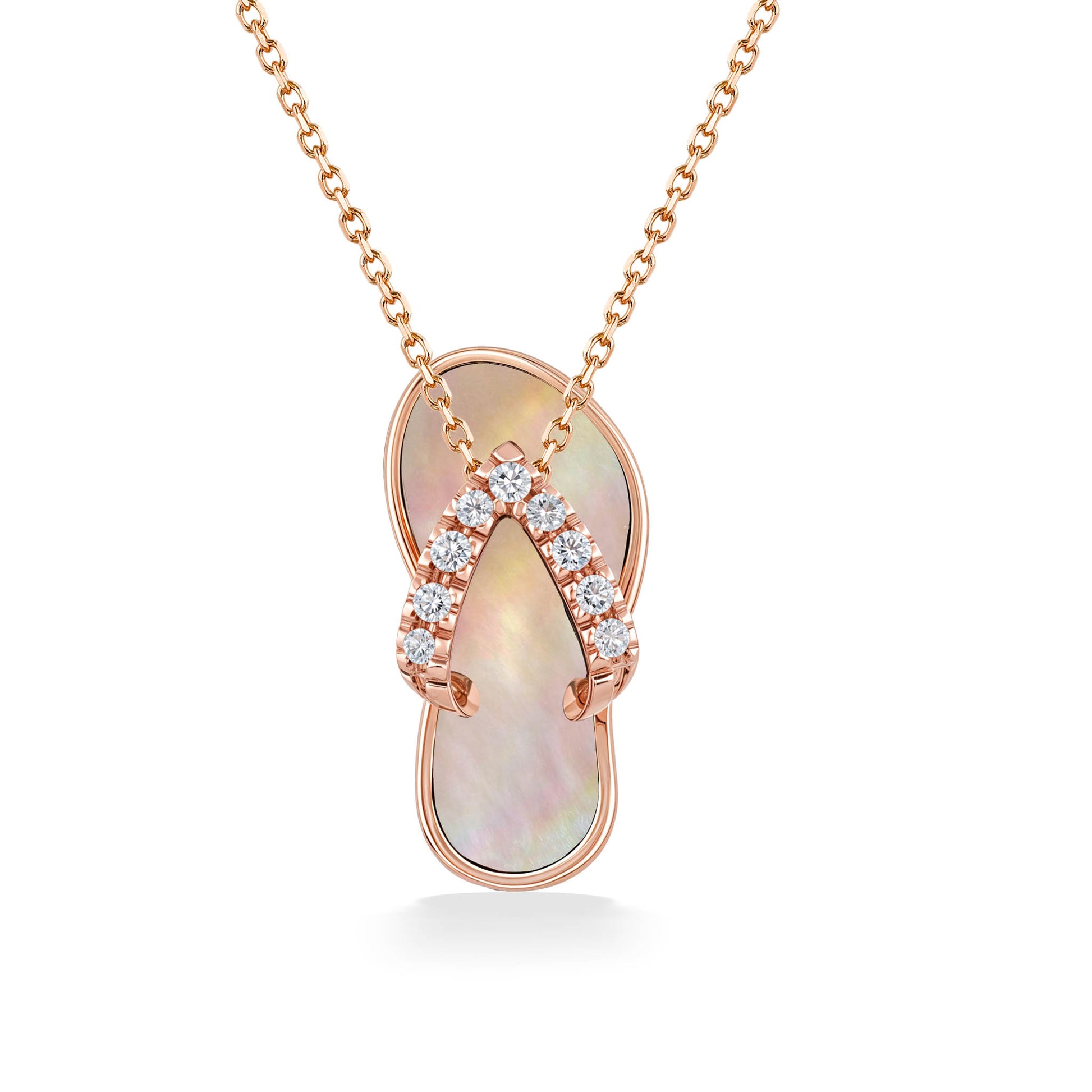 Pendant shaped like a flip flop featuring a luminous pink mother of pearl inlay and diamond-accented straps. Item No. 10807