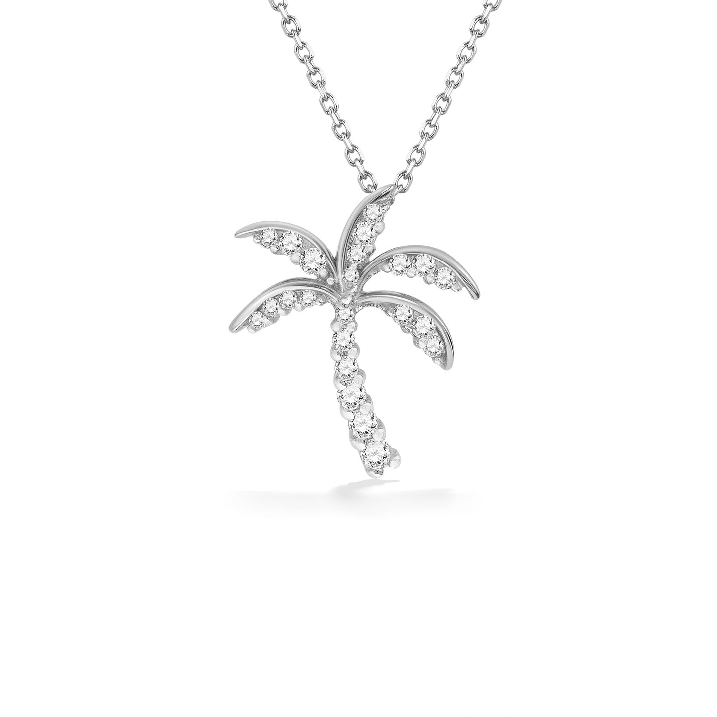 Sparkling all-Pavé Diamond Palm Tree Pendant (21mm) with chain set in 14K White Gold. Item No. 10816