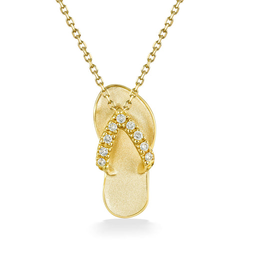 Classic slipper (flip flops) pendant in 14k yellow gold with diamond accented straps. Item No. 10690