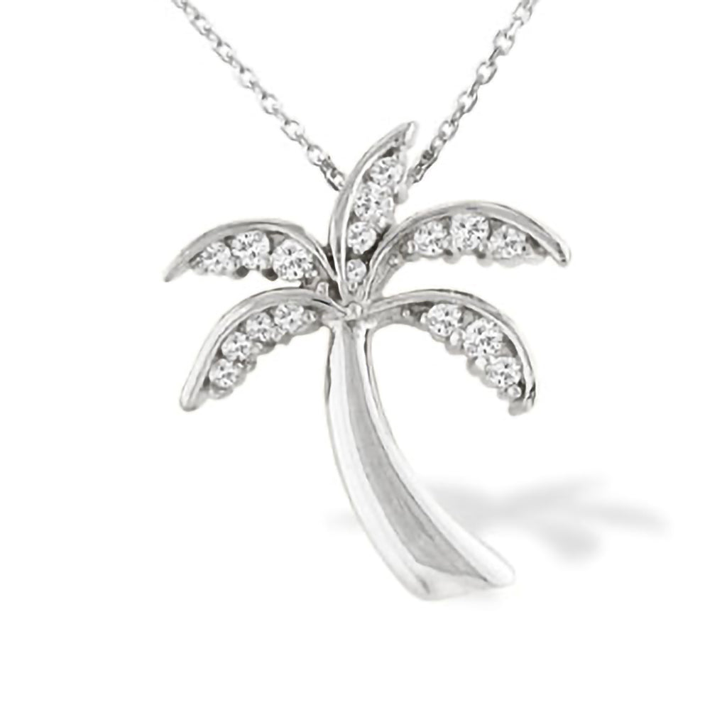 White gold palm tree pendant hung on a 14k white gold chain with diamond-lined leaves. Item No. 10508