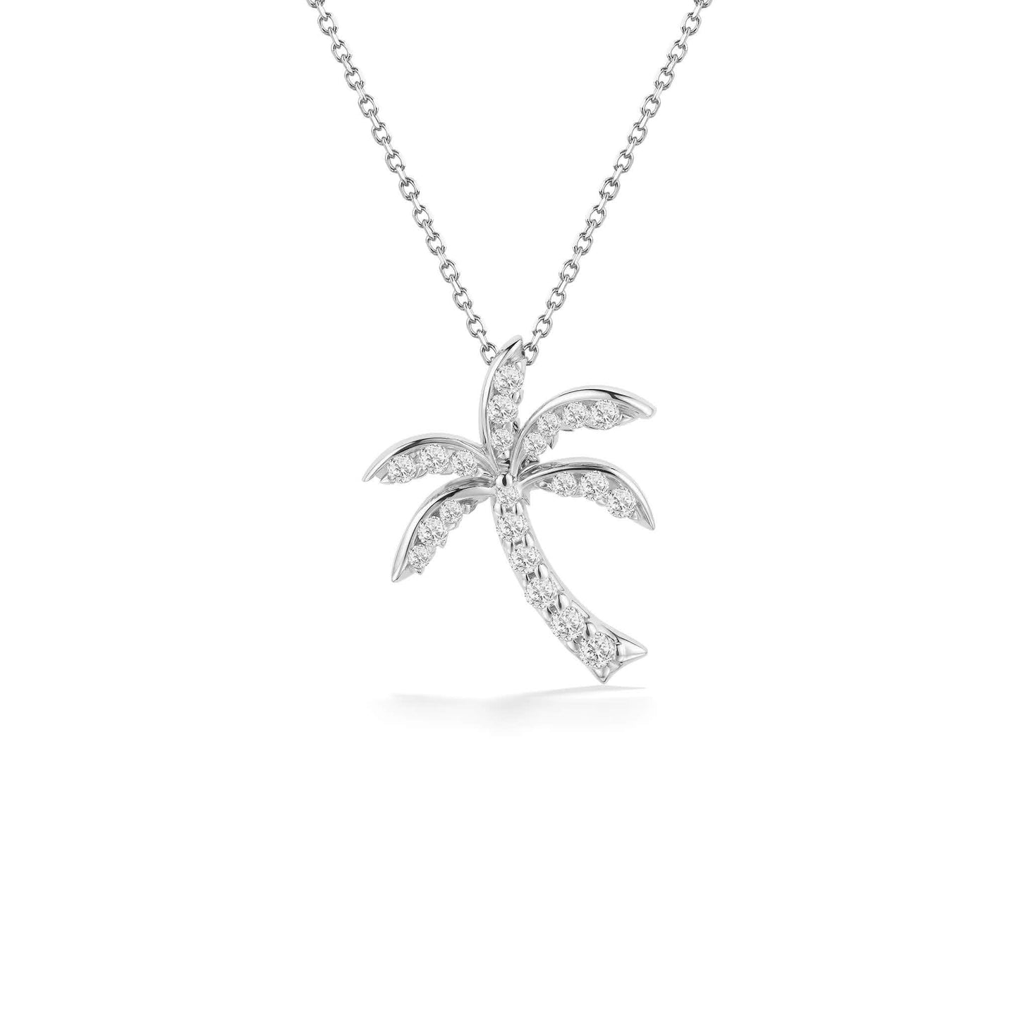 White gold palm tree pendant adorned with 0.19 carats of pavé diamonds on a matching 17-inch chain. Item No. 10416