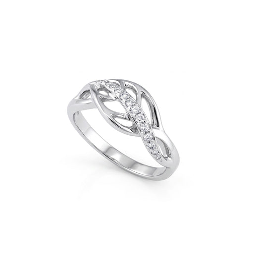 14k white gold ring featuring an open maile leaf design with a curved row of round diamonds across the center. Item No. 10794