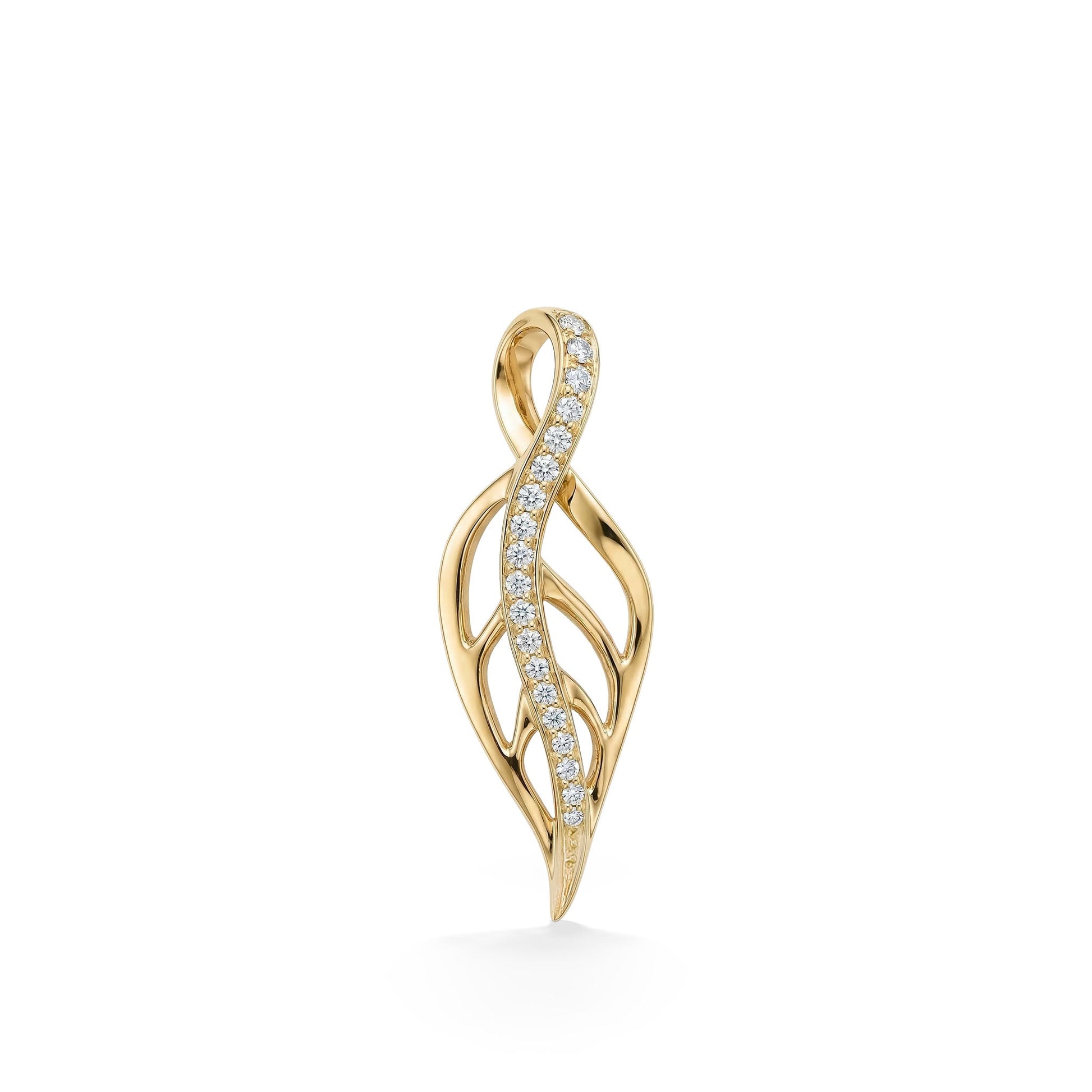 Sophisticated gold open leaf maile pendant with a sparkly diamond-lined stem running through the center. Item No. 10254