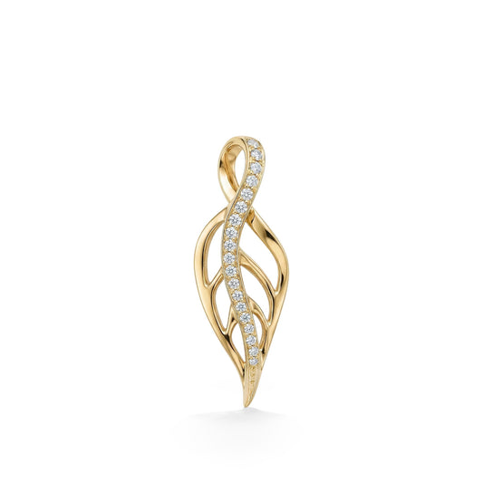 Sophisticated gold open leaf maile pendant with a sparkly diamond-lined stem running through the center. Item No. 10254
