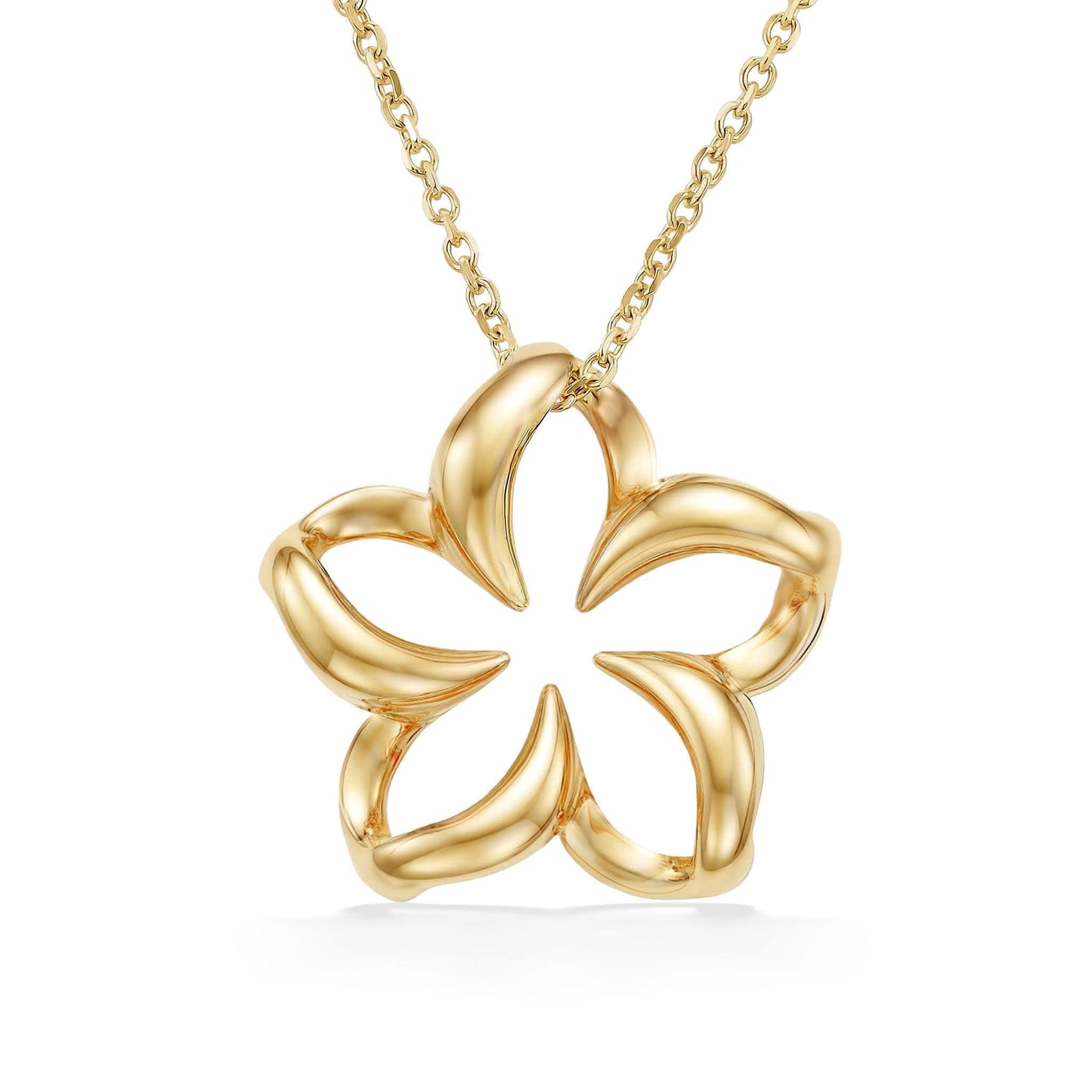 Classic floating plumeria pendant with hollowed center and soft rounded petals, set in yellow gold. Item No. 13176