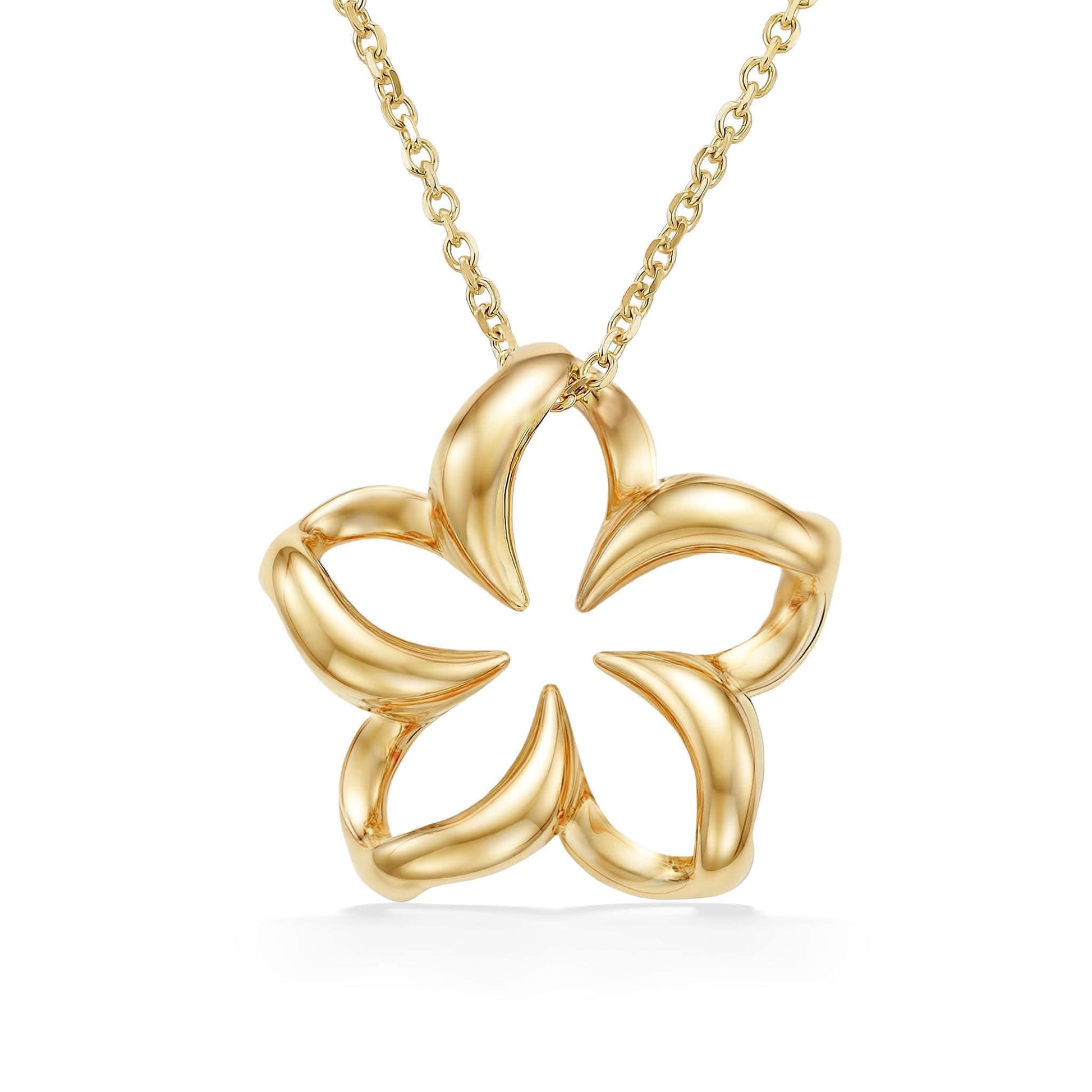 Classic floating plumeria pendant with hollowed center and soft rounded petals, set in yellow gold. Item No. 13176