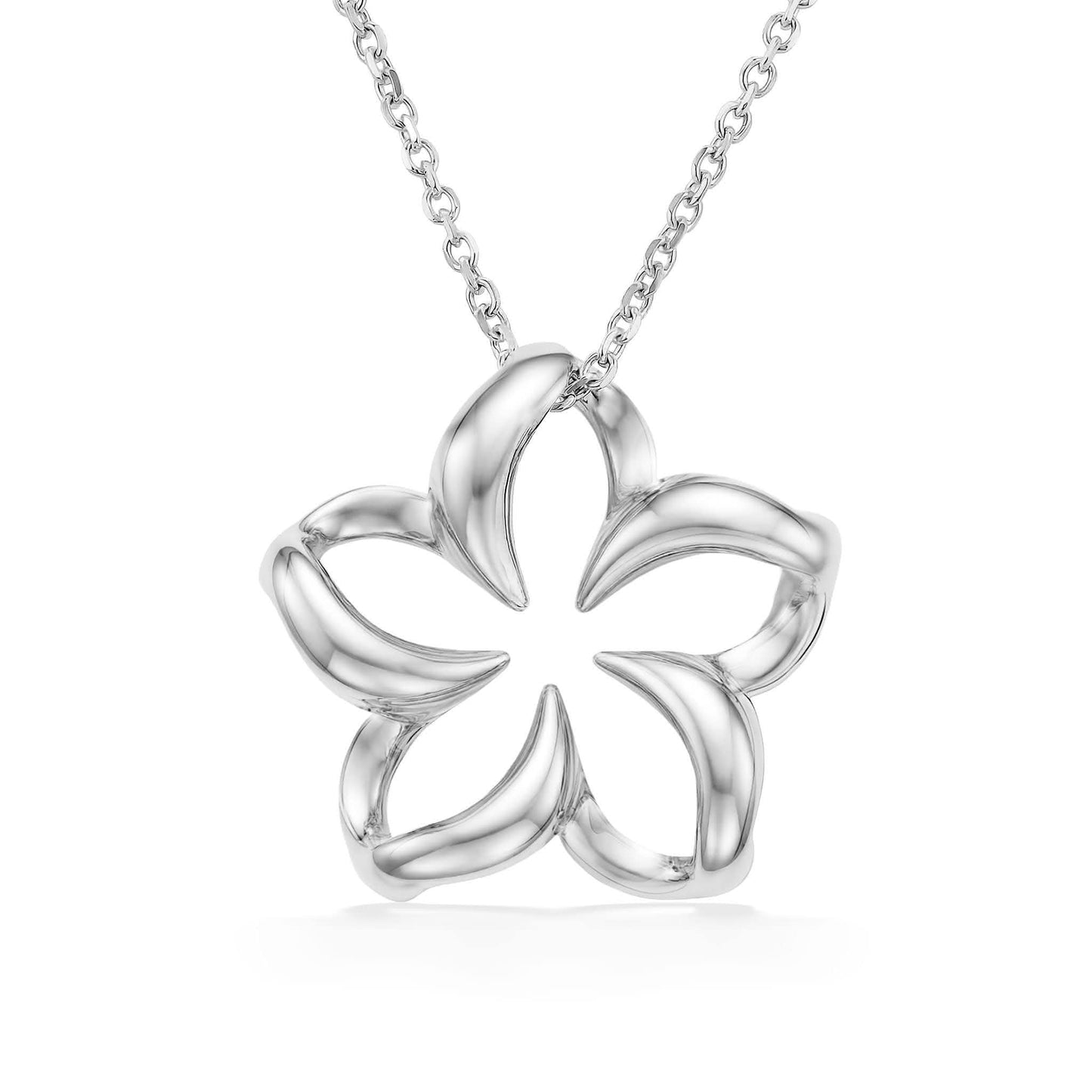 Floating plumeria pendant with hollowed center and soft rounded petals, set in polished white gold. Item No. 13177