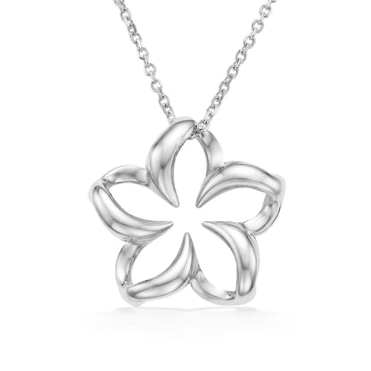 Floating plumeria pendant with hollowed center and soft rounded petals, set in polished white gold. Item No. 13177