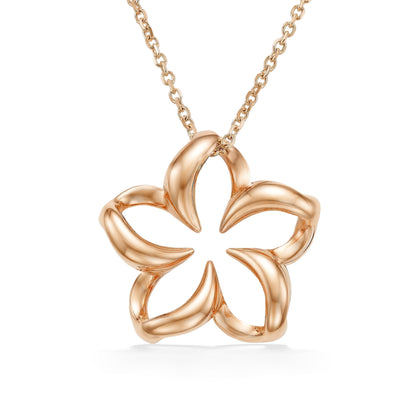 Delicate floating plumeria pendant featuring smooth, sculpted petals & a hollow center, crafted in rose gold. Item No. 13178