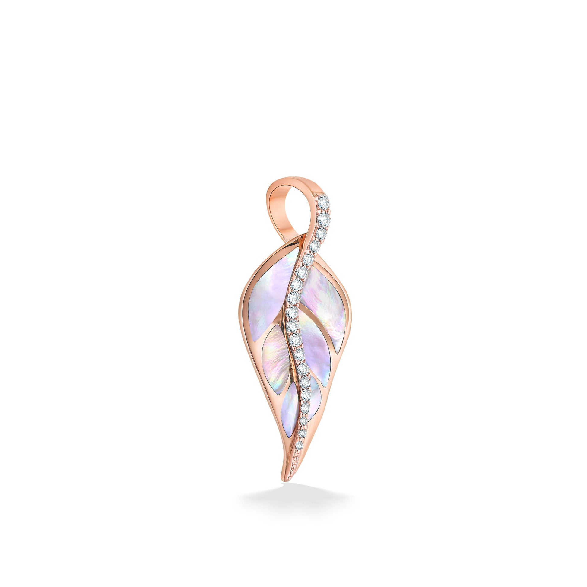 Rose gold maile leaf pendant with iridescent pink mother-of-pearl and sparkling diamond accents. Item No. 13239