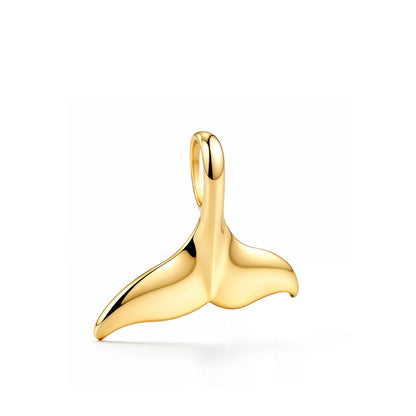 Side view of 14K yellow gold whale tail pendant, smooth high-shine finish, sculpted curve, no chain included. Item No. 14921