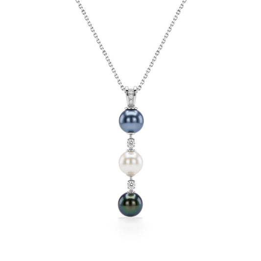 Linear vertical pendant with diamond bail & alternating pearl & diamond in the order of blue, white & peacock akoyas. -17377