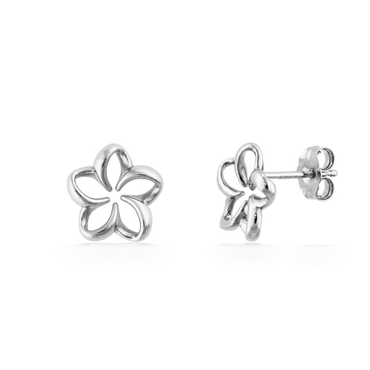 Delicate plumeria outlined stud earrings in 14k white gold with negative space center & rounded petals. Item No. 18805