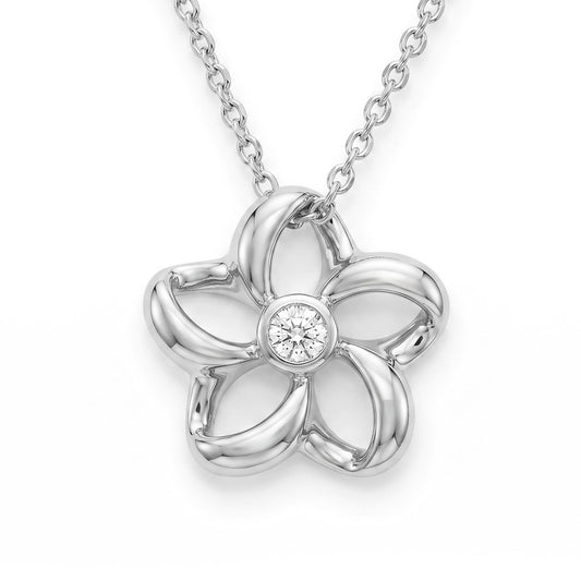Cute white gold floating plumeria pendant with center diamond in bezel setting, hung on white gold chain. Item No. 18807