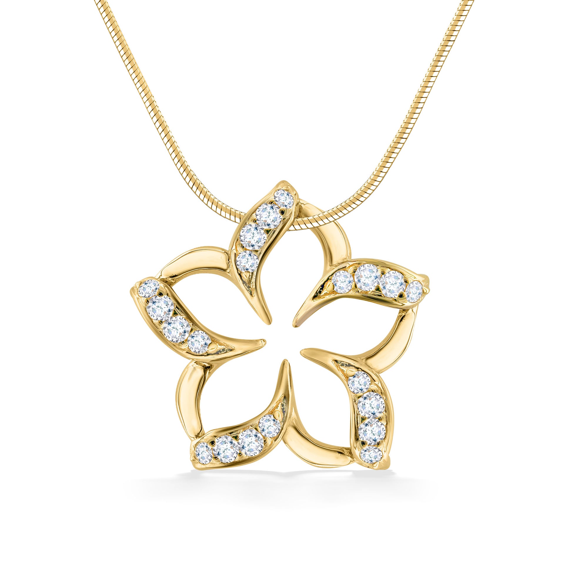 Gold plumeria shaped pendant with hollow center & smooth petals. Pavé-set diamonds on left side of each petal. Item No. 18839