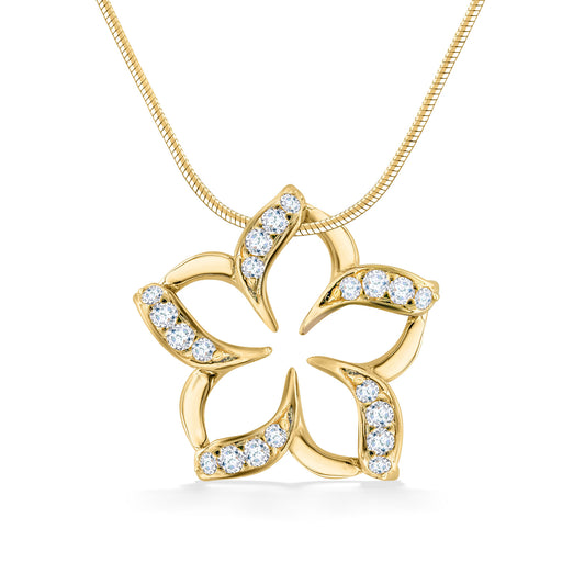 Gold plumeria shaped pendant with hollow center & smooth petals. Pavé-set diamonds on left side of each petal. Item No. 18839