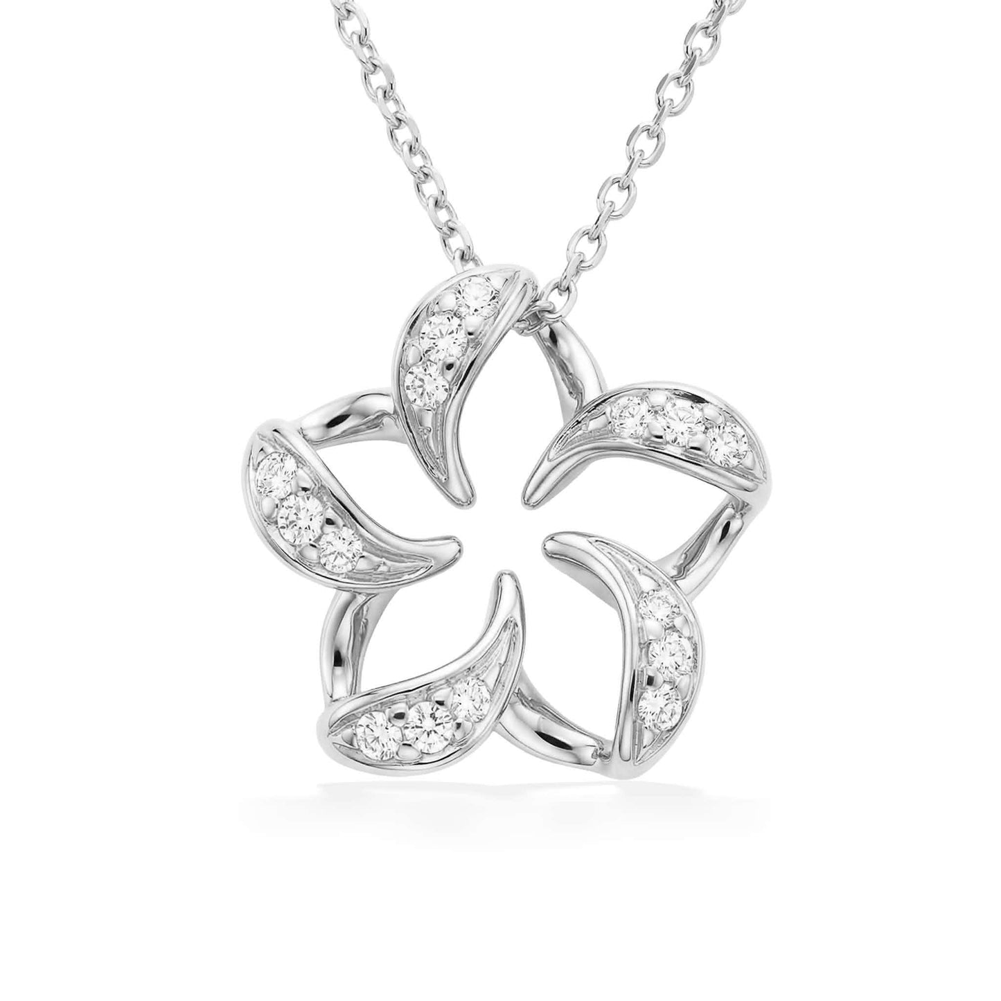 White gold plumeria pendant shaped as a floating flower outline with diamond accents, measuring 3/4" in width. Item No. 18850