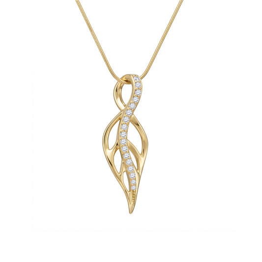 Yellow gold maile pendant with an open leaf design & a twisting row of round white diamonds along the center. Item No. 19232