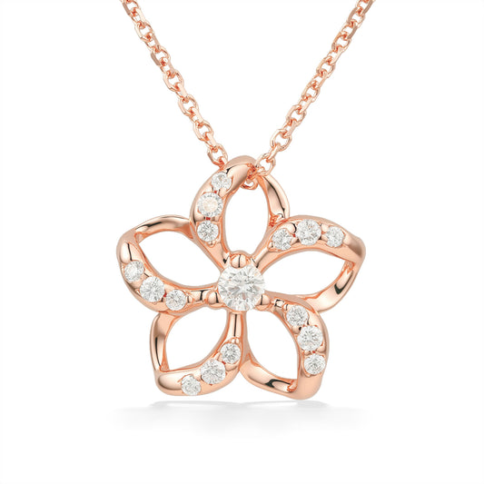 Diamond-lined open petal plumeria pendant featuring a center diamond set in 14k rose gold. Item No. 19345