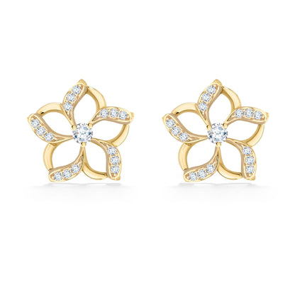 Petite floating plumeria earrings with center diamond & hollow petals with pavé-set diamonds on each petal. Item No. 19497