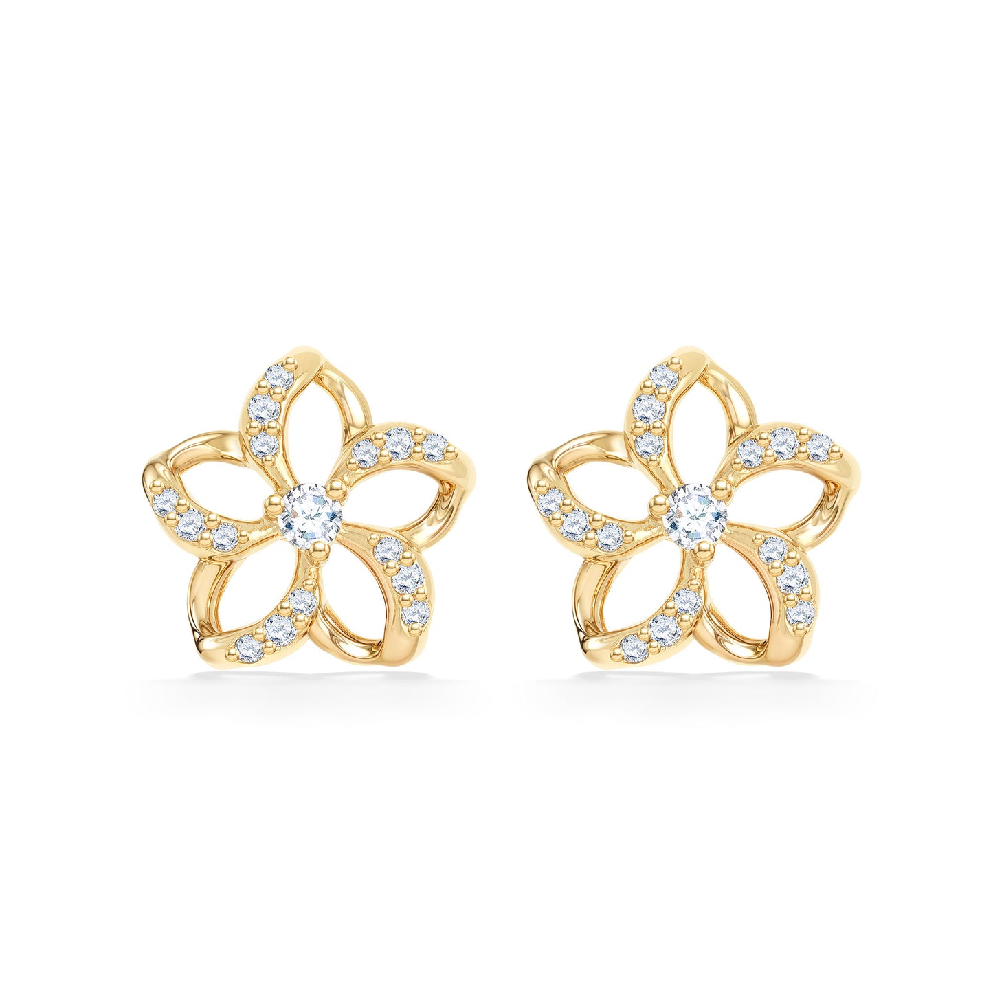 Petite floating plumeria earrings with center diamond & hollow petals with pavé-set diamonds on each petal. Item No. 19497