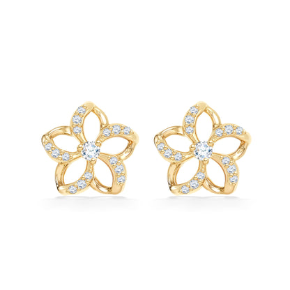 Petite floating plumeria earrings with center diamond & hollow petals with pavé-set diamonds on each petal. Item No. 19497