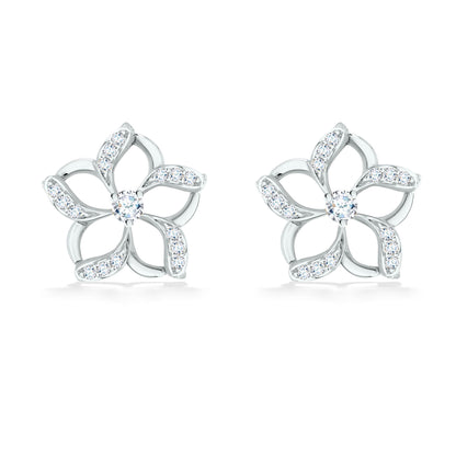 White gold floating plumeria studs with pavé-set diamonds on half of the hollow petals & center diamond. Item No. 19498