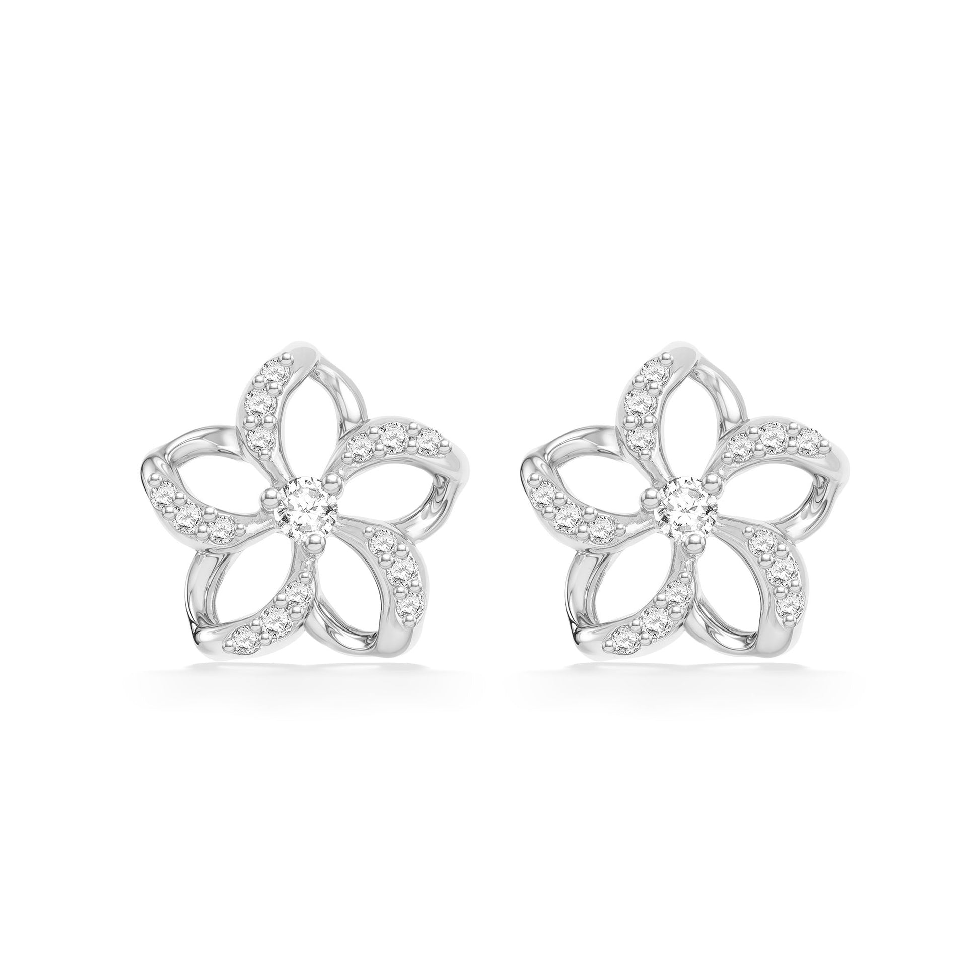 White gold floating plumeria studs with pavé-set diamonds on half of the hollow petals & center diamond. Item No. 19498