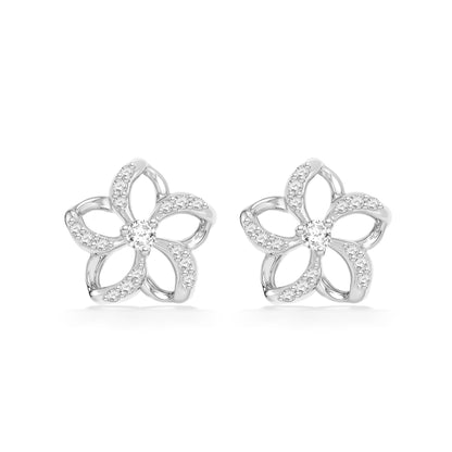 White gold floating plumeria studs with pavé-set diamonds on half of the hollow petals & center diamond. Item No. 19498