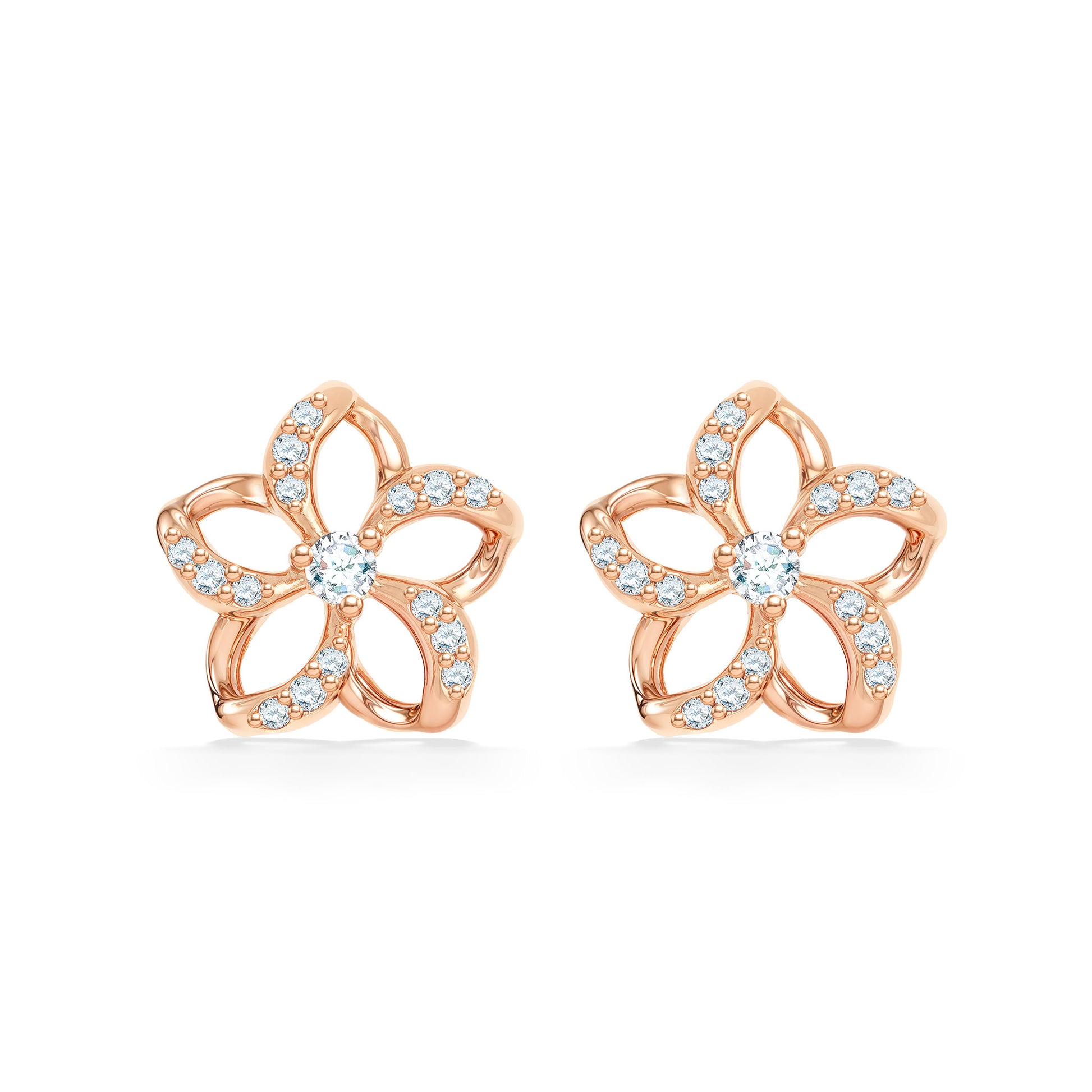 Delicate petite rose gold floating plumeria earrings with pavé-set diamonds on hollow petals & center diamond. Item No. 19499