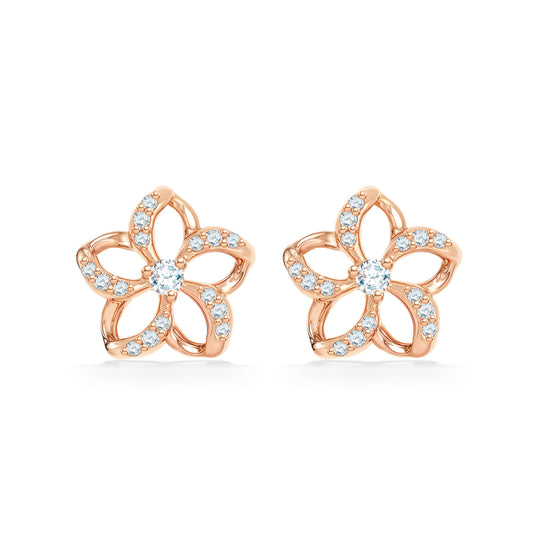 Delicate petite rose gold floating plumeria earrings with pavé-set diamonds on hollow petals & center diamond. Item No. 19499