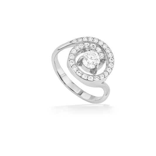 Angled view of white gold spiral ring with central round diamond and halo of sparkling diamonds. Item No. 19521