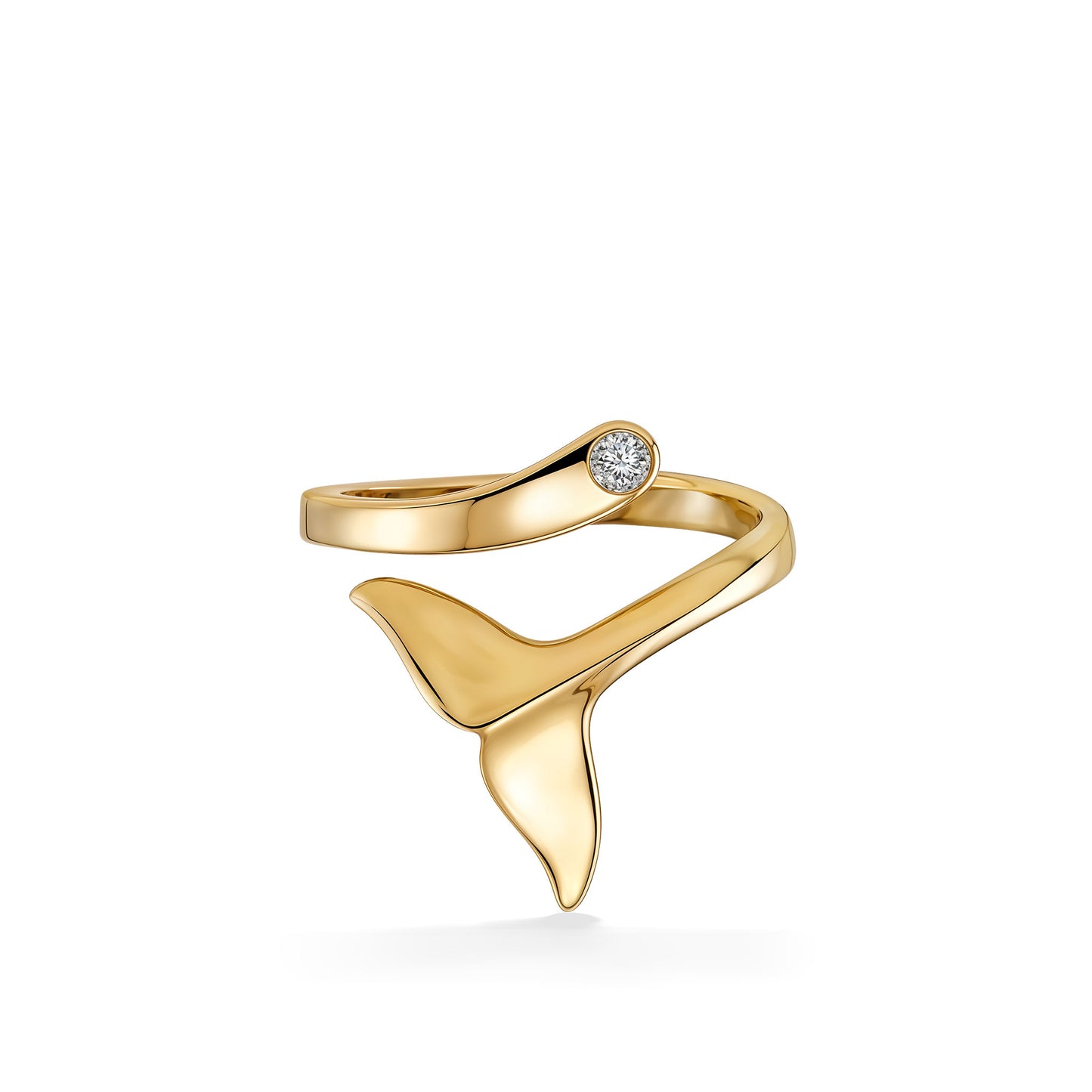 Side angle of 14K yellow gold whale tail ring with 0.05 carat diamond, fluid wrap design. Item No. 18347