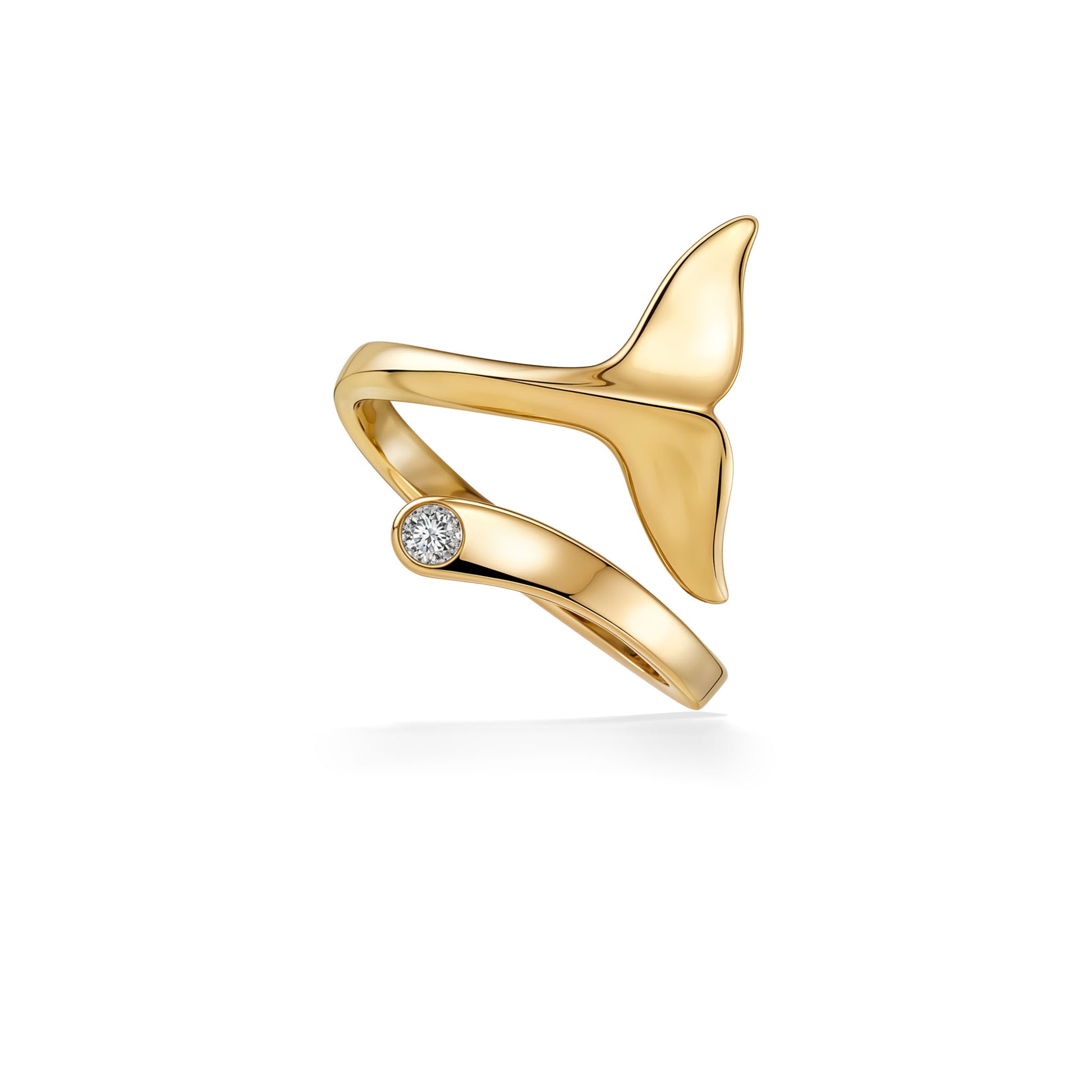 Graceful 14K yellow gold whale tail ring in a wrap style design set with a 0.05 carat diamond accent, size 7. Item No. 18347