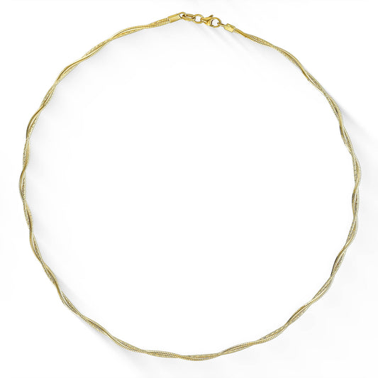 Close-up of yellow gold omega necklace highlighting diamond-cut texture and twisted strands. Item No. 768832
