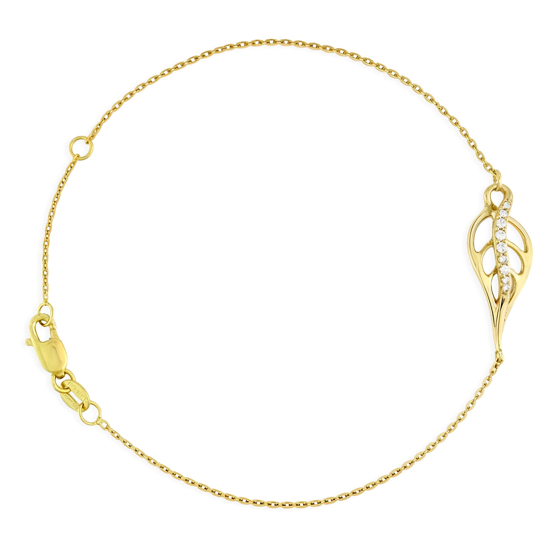 A delicate yellow gold bracelet featuring an openwork maile leaf adorned with a curved row of white diamonds. Item No. 41894