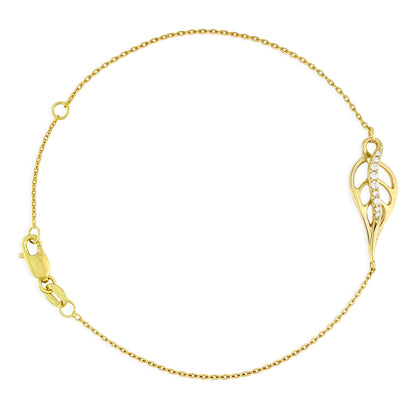 A delicate yellow gold bracelet featuring an openwork maile leaf adorned with a curved row of white diamonds. Item No. 41894