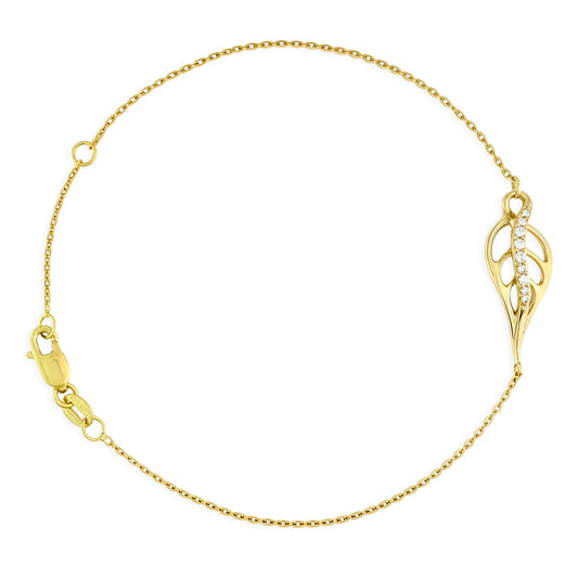 A delicate yellow gold bracelet featuring an openwork maile leaf adorned with a curved row of white diamonds. Item No. 41894