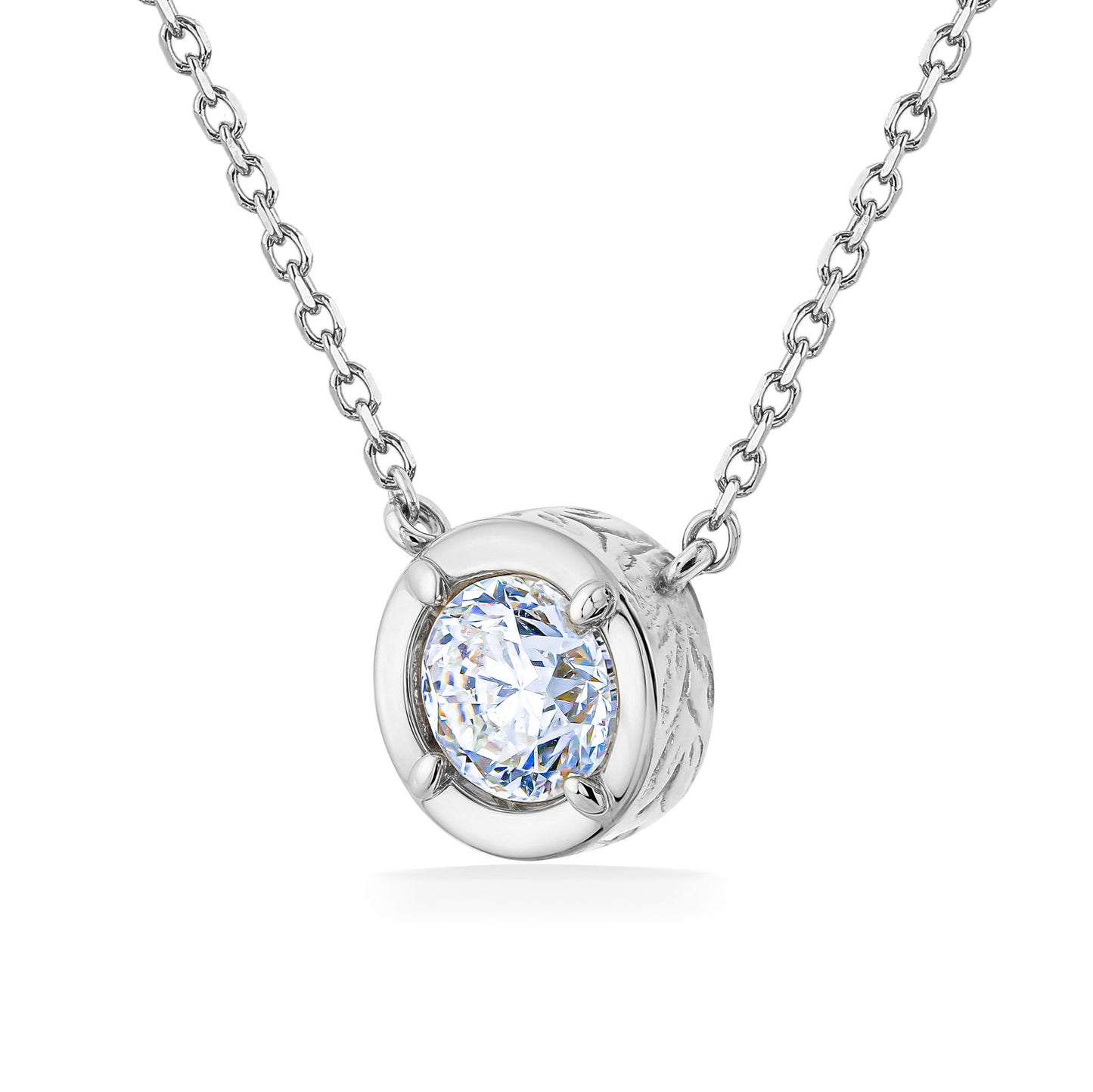 Circle 0.50 carat diamond pendant set in maile scroll engraved 14k white gold setting with delicate chain. Item No. 41954