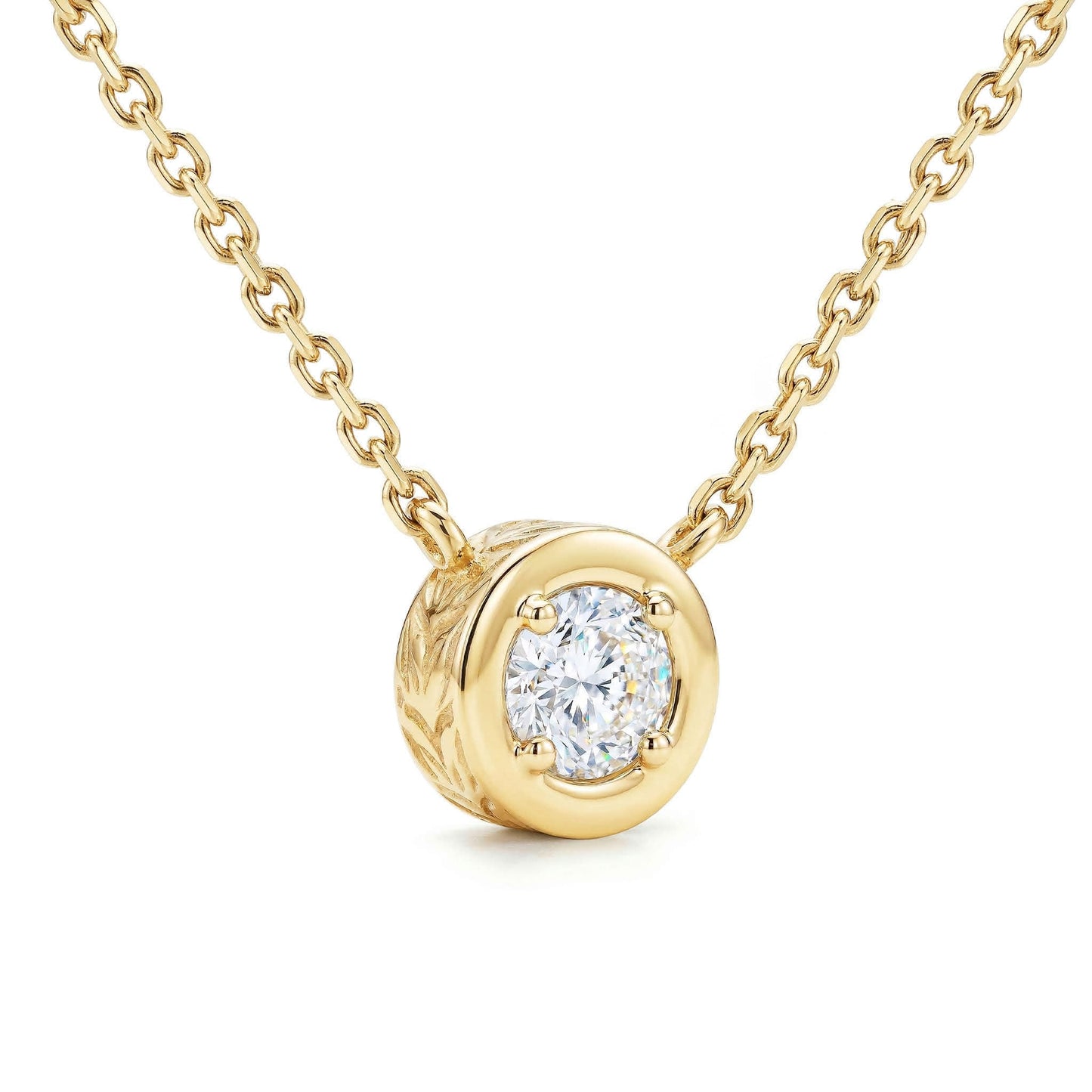 Round 14K yellow gold maile scroll necklace set with a 1/4 carat SI2 solitaire diamond on 17 inch chain. Item No. 43090