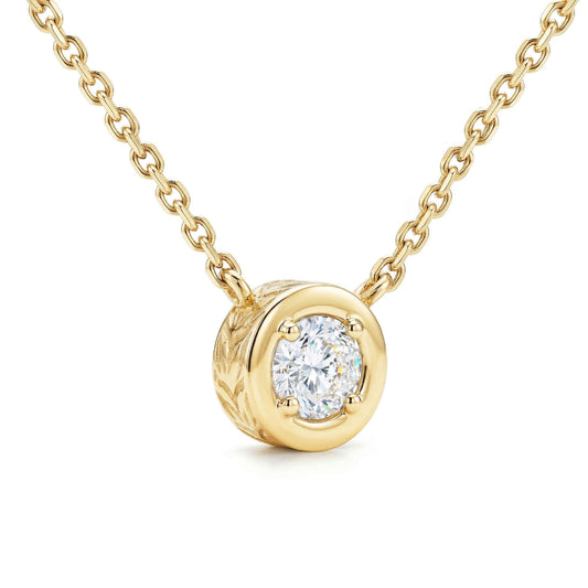 Round 14K yellow gold maile scroll necklace set with a 1/4 carat SI2 solitaire diamond on 17 inch chain. Item No. 43090