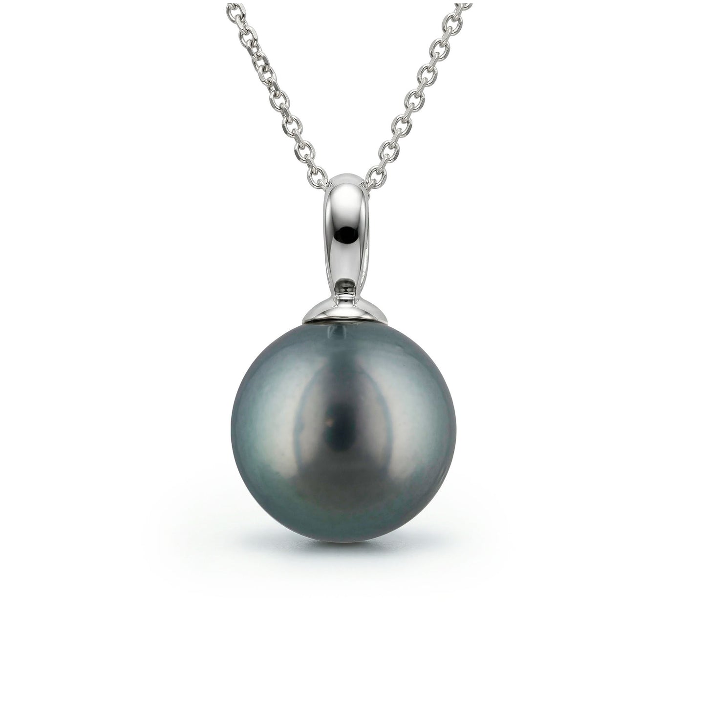 Classic tahitian pearl pendant measuring 12mm with a 14k white gold bail and chain necklace. Item No. 41470