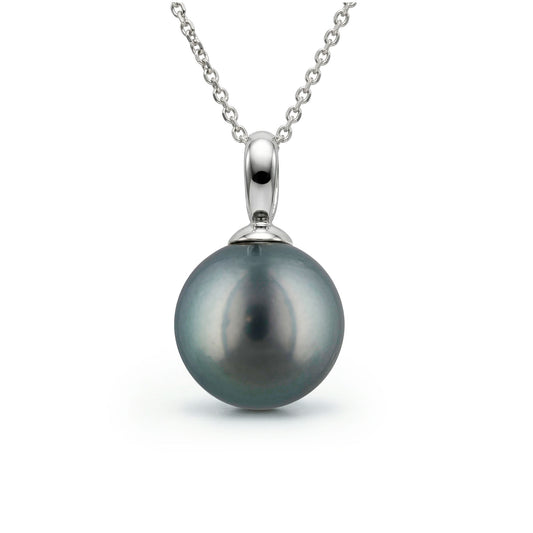 Classic tahitian pearl pendant measuring 12mm with a 14k white gold bail and chain necklace. Item No. 41470