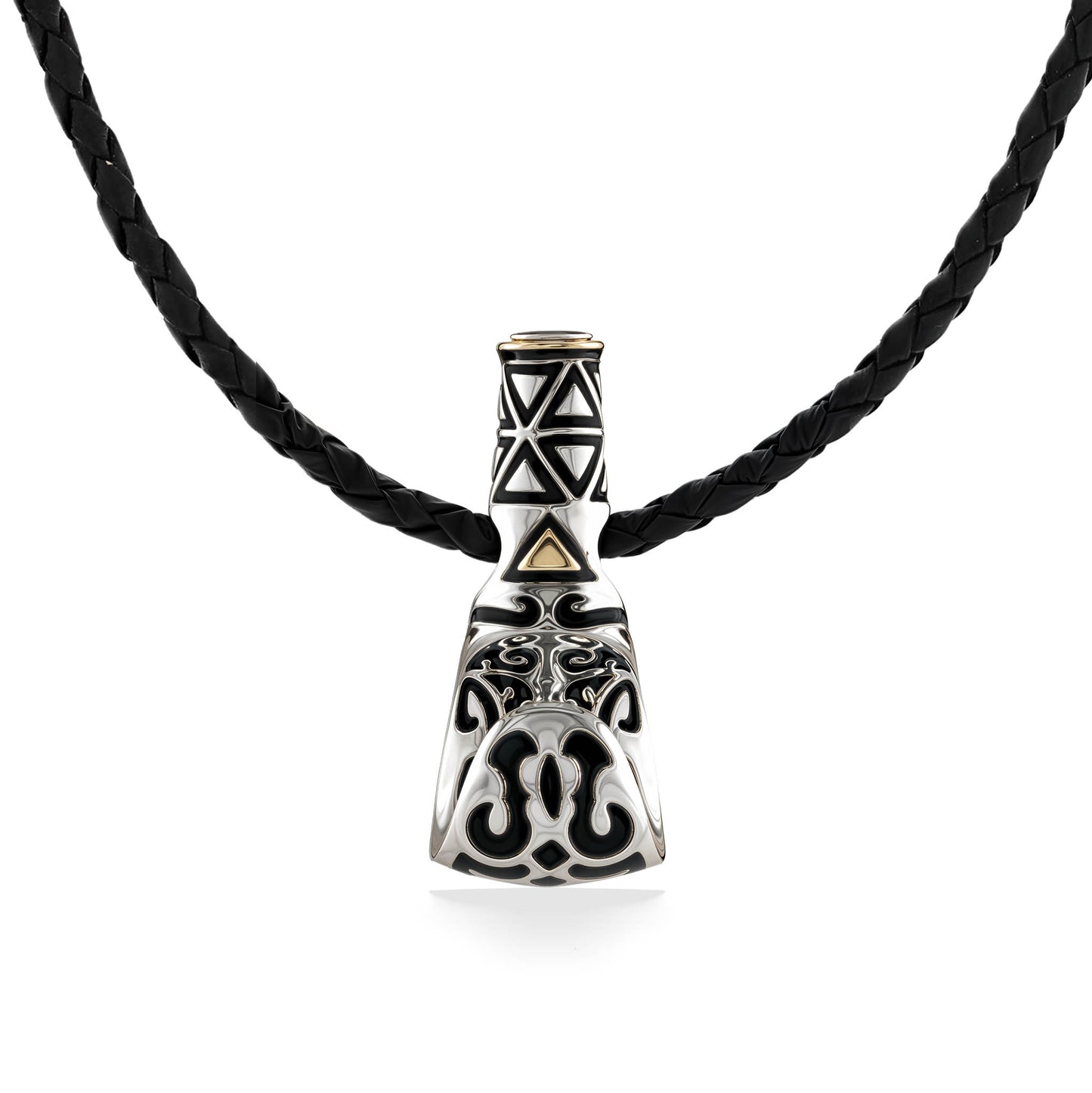 Sterling silver palaoa pendant with tribal engravings and 18k gold accents on a braided leather cord. Item No. 41528