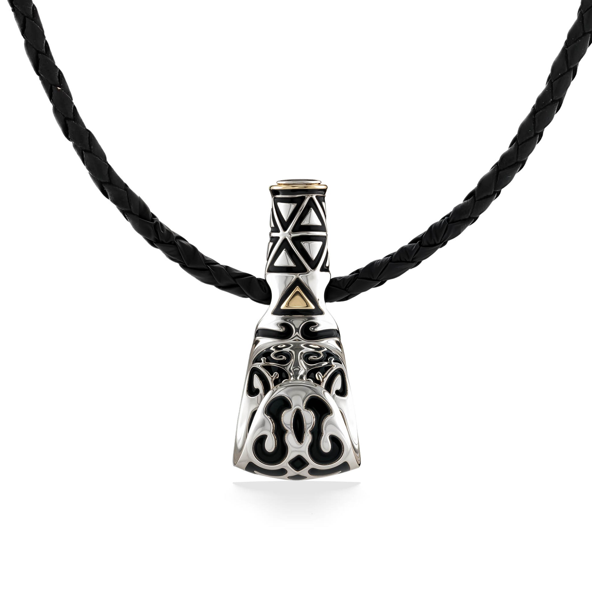 Sterling silver palaoa pendant with tribal engravings and 18k gold accents on a braided leather cord. Item No. 41528