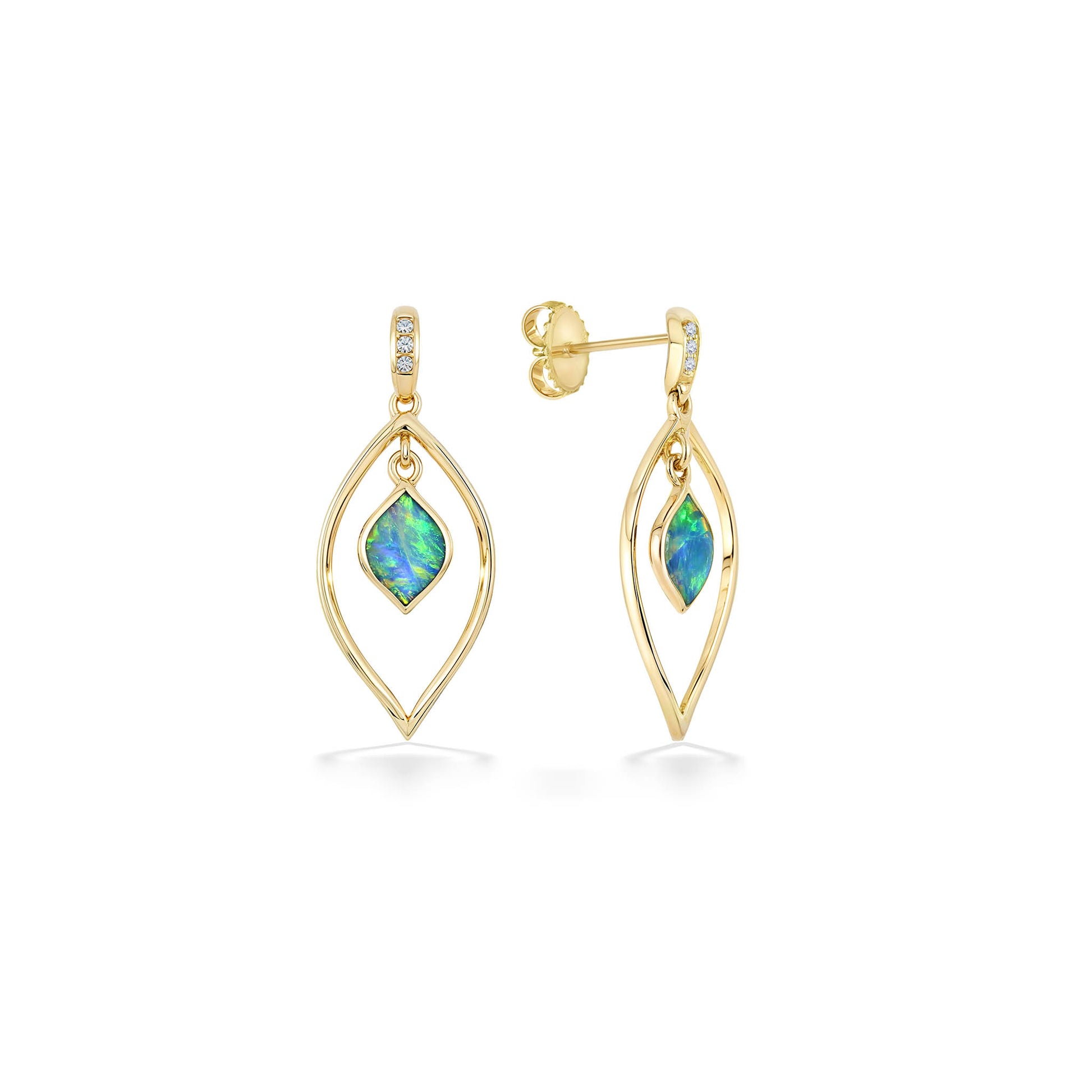 Yellow gold earrings with marquise opal inlays in open leaf-shaped frames and diamond-accented upper dangle. Item No. 770111
