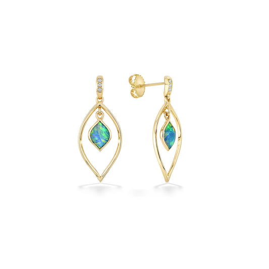 Yellow gold earrings with marquise opal inlays in open leaf-shaped frames and diamond-accented upper dangle. Item No. 770111