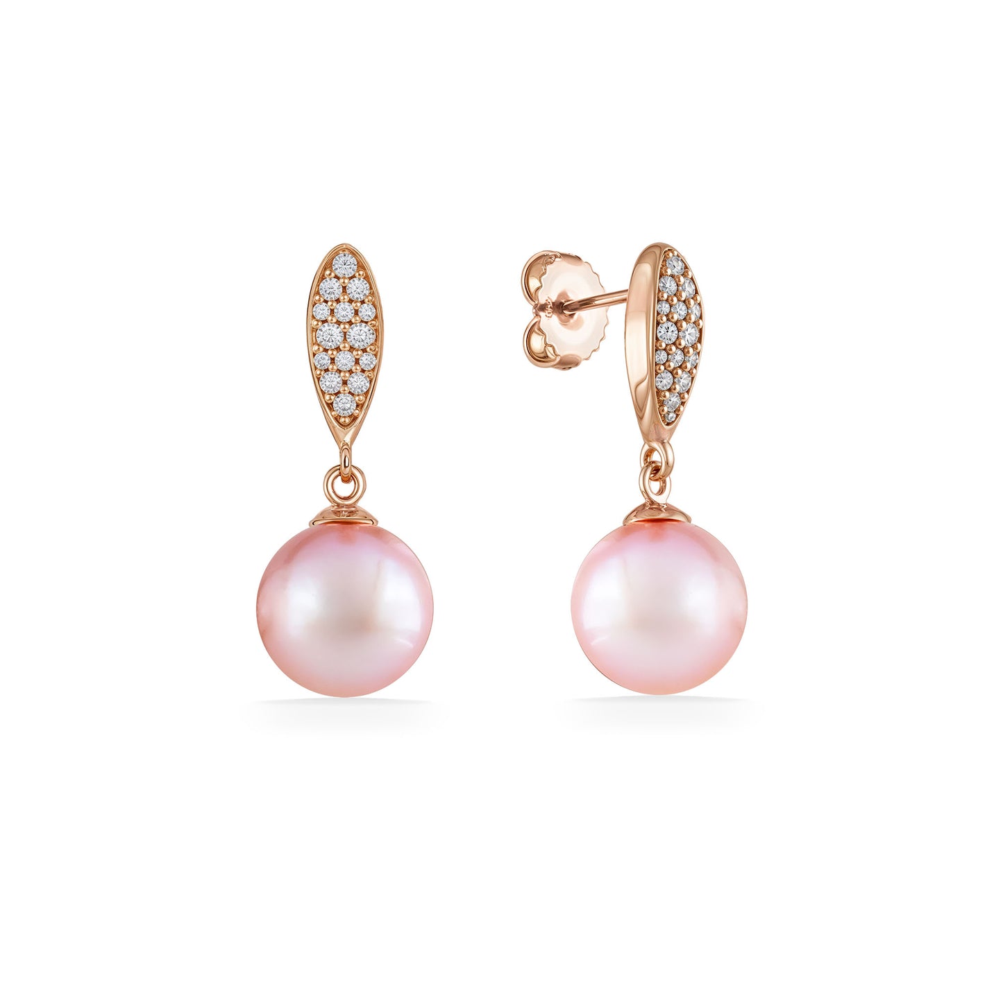 Soft pink 11mm freshwater pearls dangle gracefully from rose gold studs accented with pavé-set diamonds. Item No. 41717