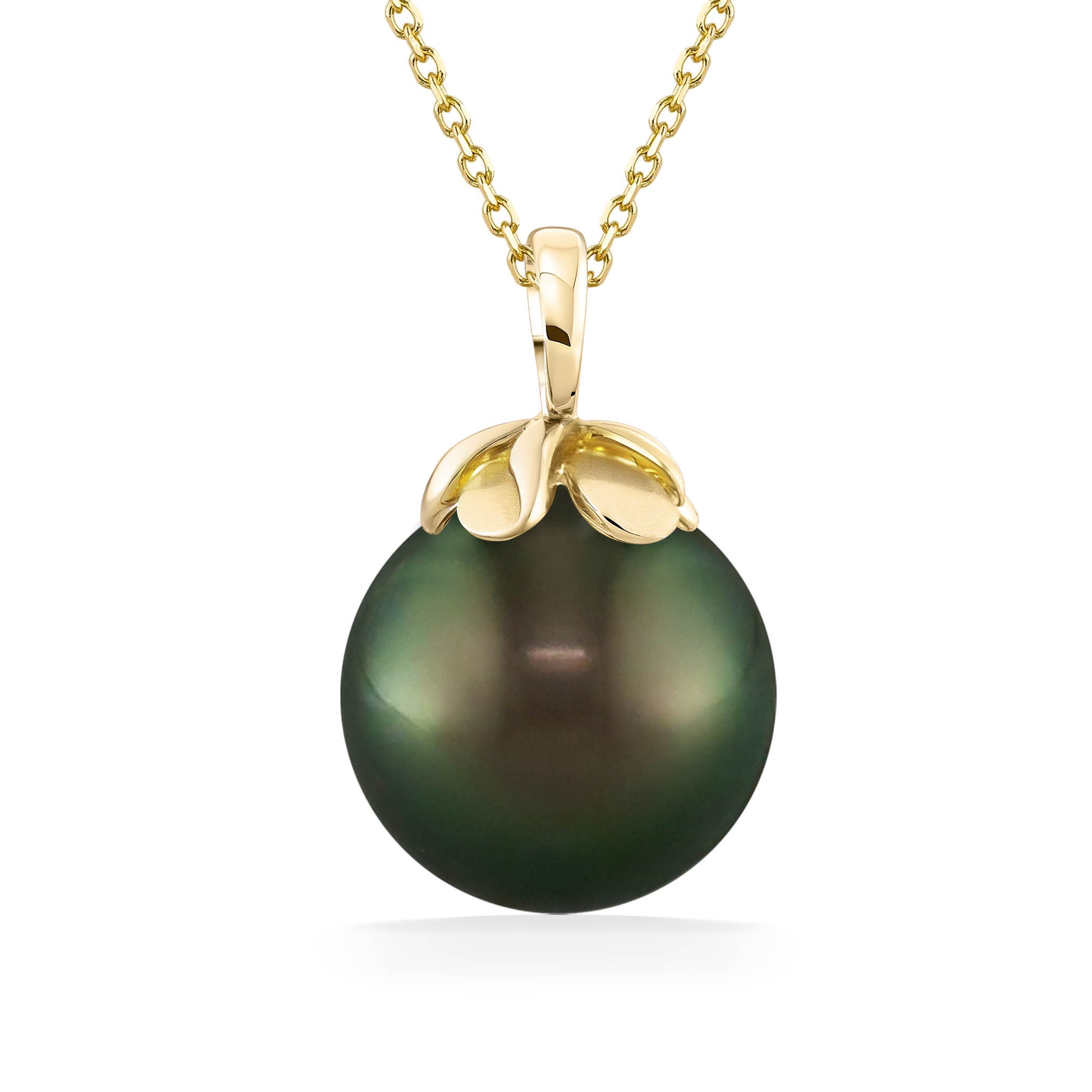 Tahitian pearl plumeria pendant with a 10mm tahitian pearl on a 14k yellow gold plumeria bail. Item No. 41710