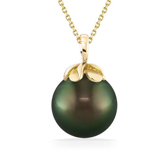 Tahitian pearl plumeria pendant with a 10mm tahitian pearl on a 14k yellow gold plumeria bail. Item No. 41710